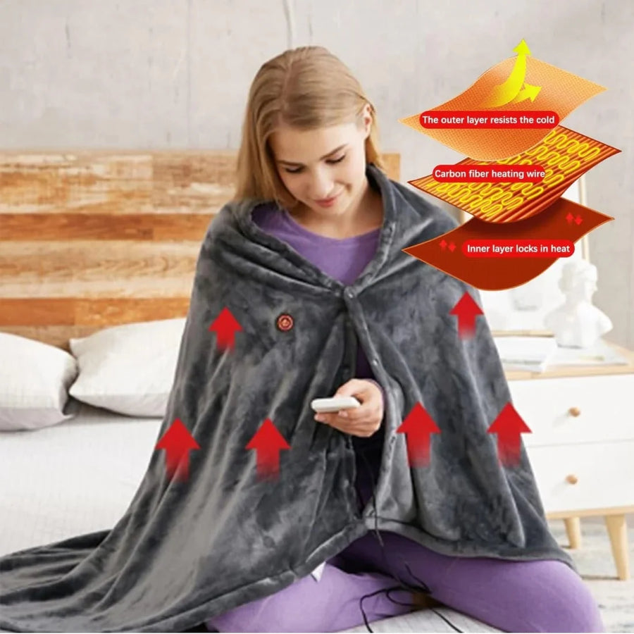 Wearable Heated Blanket Shawl with USB Power, Plush Fleece Cape with Zipper and Adjustable Heat Settings