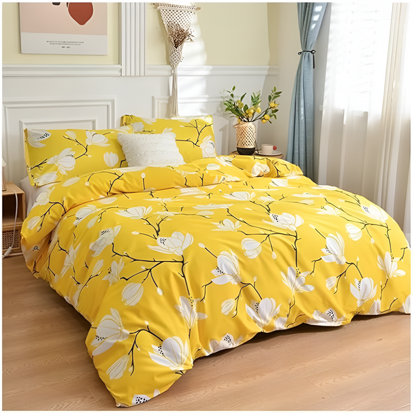 Yellow Blossom 3-Piece Duvet Cover Set with Breathable Microfiber and Zip Closure