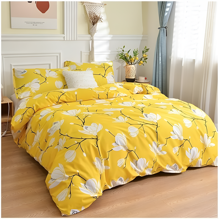 Yellow Blossom 3-Piece Duvet Cover Set with Breathable Microfiber and Zip Closure