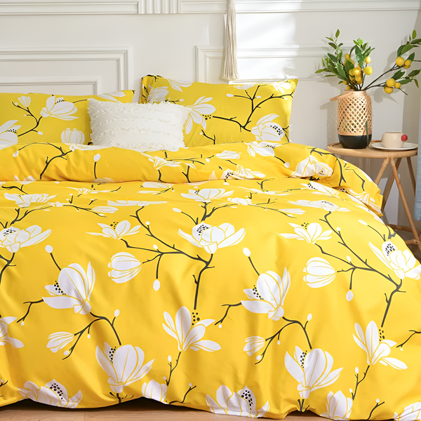 Yellow Blossom 3-Piece Duvet Cover Set with Breathable Microfiber and Zip Closure