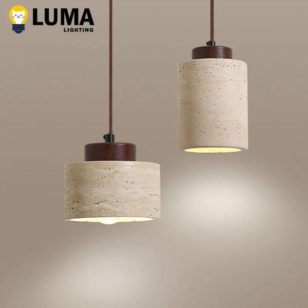Top-down view of natural stone pendant light fixture showing ceiling mount hardware and adjustable cord